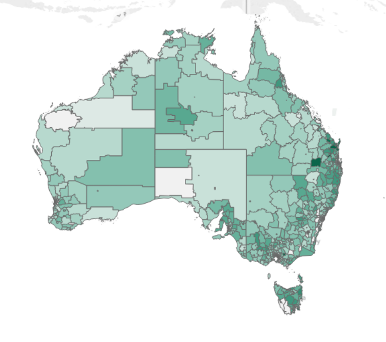 Map of Australia showing where people wiht disabilities live, according to 2016 Census data 