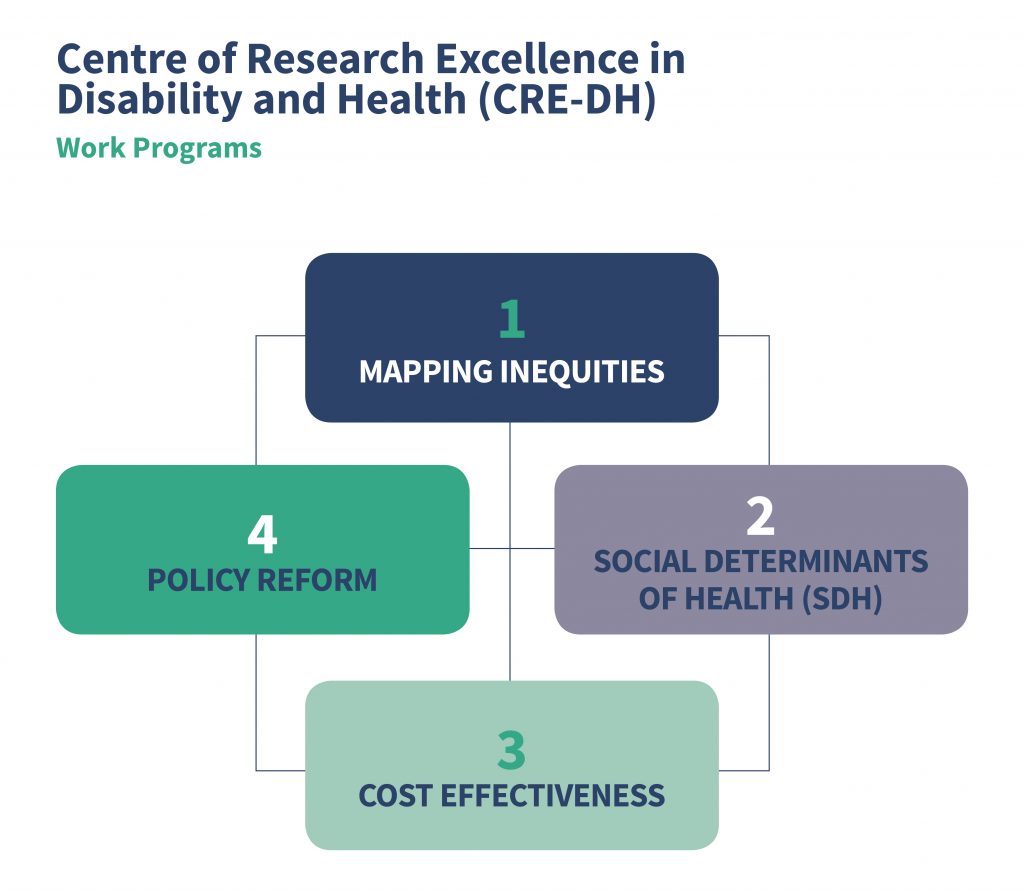 The four thematic research programs as part of the CRE represented visually are Mapping inequities, social determinants of health, policy reform and cost effectiveness.