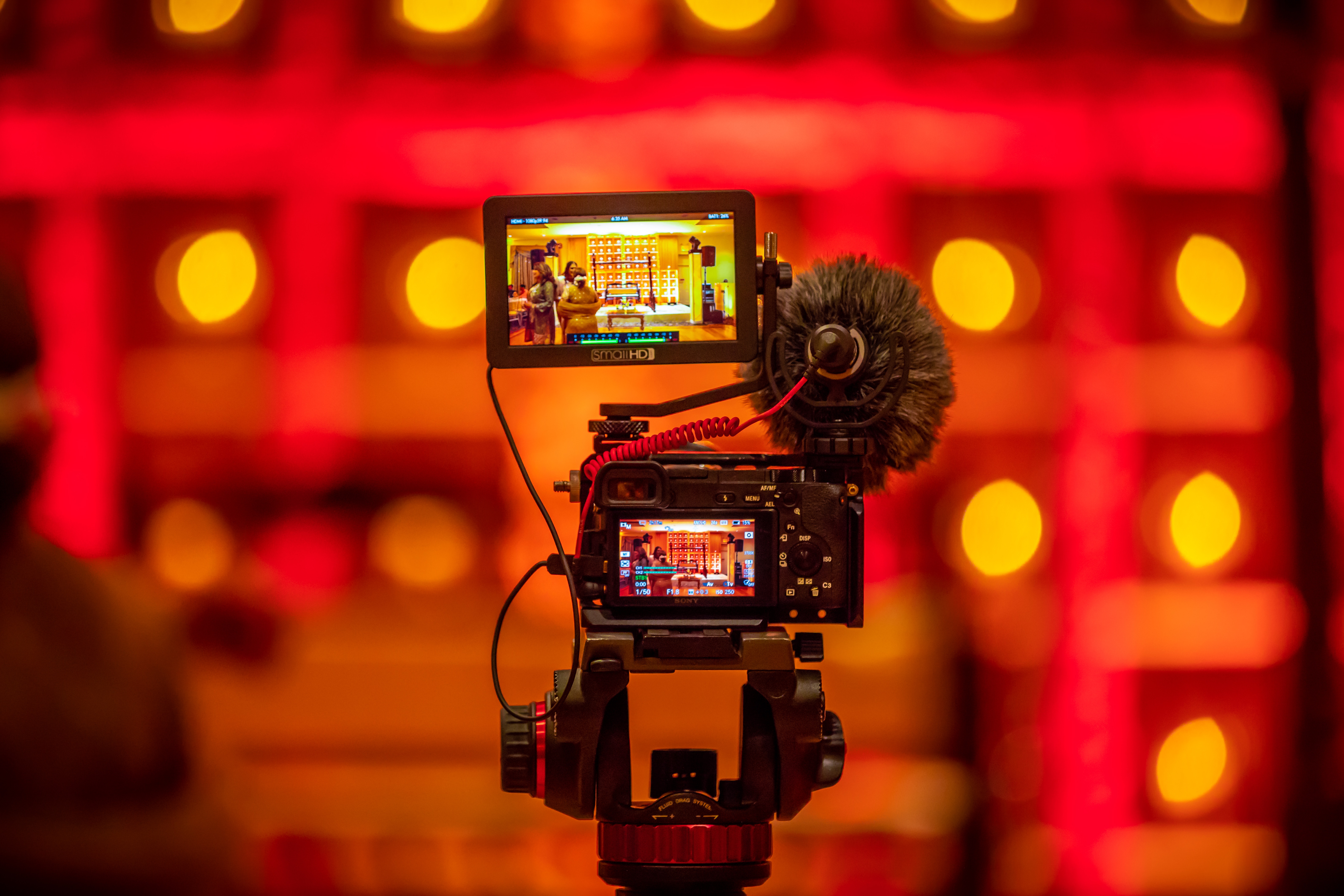 Video camera on tripod, photo taken from behind