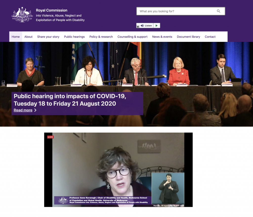 SCreenshot of Anne Kavanagh giving evidence at the Disability Royal Commission 20 March 2020