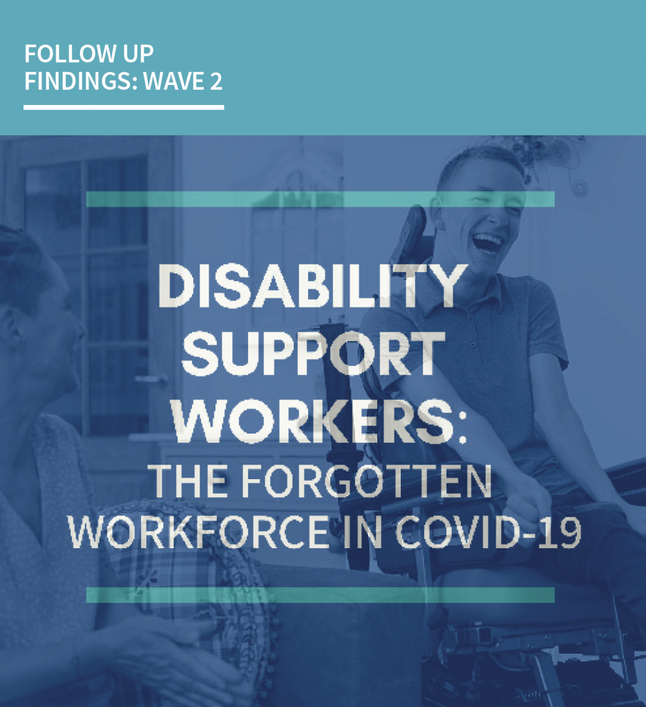 Front cover of Wave 2 Report on the Disability Support Workers and COVID-19 Study - features young man in wheelchair sharing a laugh with a carer/support worker.