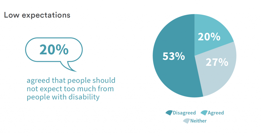 An infographic from the report shows that 20% of survey participants agreed that people should not expect too much from people with disability.